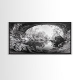Cave Entrance Lake, Hidden Forest View, Rock Reflection Water, Canvas Print, Hallway Wall Art, Adventure Wilderness Decor, Minimalist Style