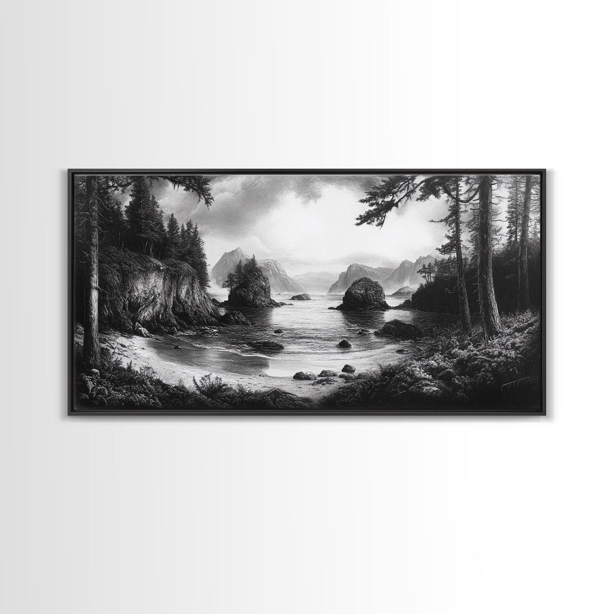 Coastal Forest View, Mountain Sea Horizon, Romantic Nature Scene, Framed Canvas Print, Living Room Wall Art, Vintage Landscape