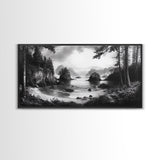 Coastal Forest View, Mountain Sea Horizon, Romantic Nature Scene, Framed Canvas Print, Living Room Wall Art, Vintage Landscape