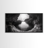 Ocean Cave Sunset, Seascape Art, Black and White Photography, Coastal Decor, Minimalist Style, Canvas Print, Bathroom Wall Art