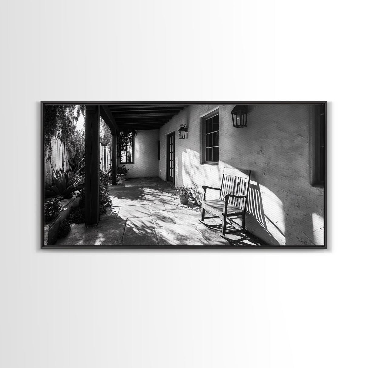 Porch Shadows Light, Rustic Patio, Black and White Decor, Farmhouse Entryway, Framed Canvas Print, Country Kitchen Wall Art, Bedroom Wall Art