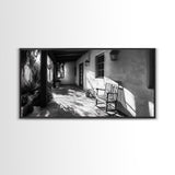 Porch Shadows Light, Rustic Patio, Black and White Decor, Farmhouse Entryway, Framed Canvas Print, Country Kitchen Wall Art, Bedroom Wall Art