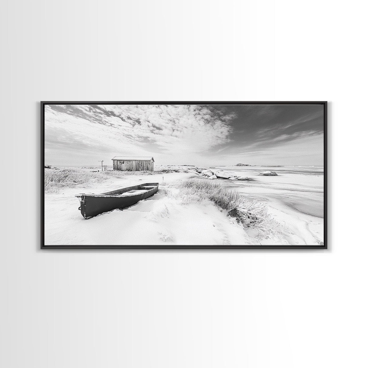 Snowy Coastal Boat, Rustic Winter Landscape, Farmhouse Wall Art, Neutral Tones, Canvas Print, Entryway or Fall Seasonal Decor