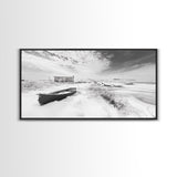 Snowy Coastal Boat, Rustic Winter Landscape, Farmhouse Wall Art, Neutral Tones, Canvas Print, Entryway or Fall Seasonal Decor