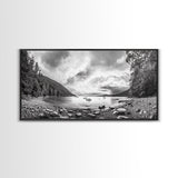 Forest Lake Serenity, Monochrome Nature, Tranquil Landscape, Canvas Print, Lodge Wall Art, Minimalist Cabin Decor, Black White