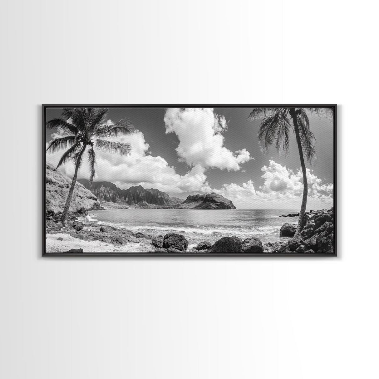 Tropical Beach View, Palm Tree Paradise, Black and White Island, Coastal Wall Decor, Canvas Print, Boho Living Room Art, Office Wall Art