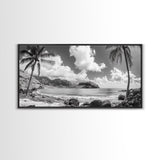 Tropical Beach View, Palm Tree Paradise, Black and White Island, Coastal Wall Decor, Canvas Print, Boho Living Room Art, Office Wall Art