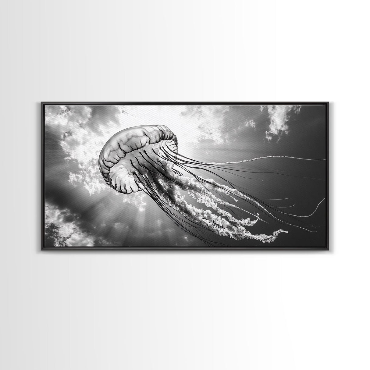 Jellyfish In Light, Ocean Life Art, Monochrome Sea Creature, Canvas Print, Coastal Bathroom Wall Art, Marine Modern Decor, Office Wall Art