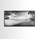 Volleyball Net, Coastal Leisure Scene, Bright Beach Vibe, Framed Canvas Print, Game Room Wall Art, Sporty Summer Beach Style