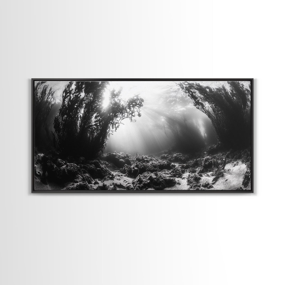 Kelp Forest Rays, Underwater Light, Black and White Ocean Scene, Framed Canvas Print, Nature Wall Art, Coastal Bathroom Decor