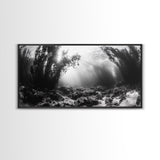 Kelp Forest Rays, Underwater Light, Black and White Ocean Scene, Framed Canvas Print, Nature Wall Art, Coastal Bathroom Decor