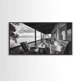 Porch Lake View, Rustic Escape, Cabin Life, Vintage Charm, Framed Canvas Print, Entryway Wall Art, Country Home Aesthetic, Cozy Style