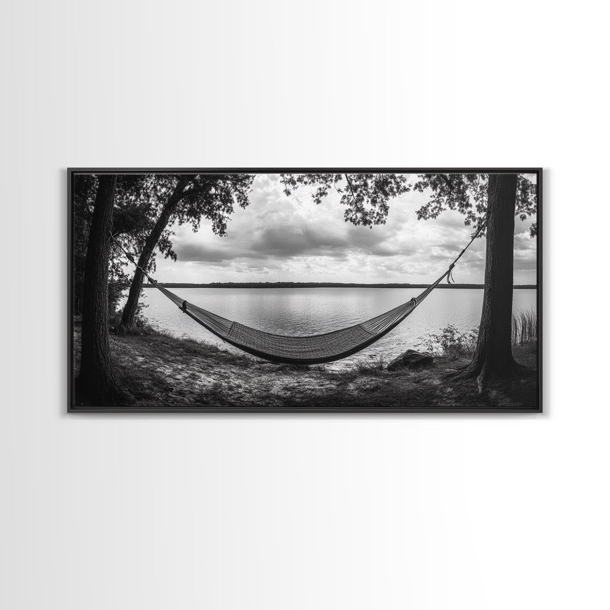 Hammock Lake, Restful Retreat, Trees Framing, Relax Mood, Framed Canvas Print, Bedroom Wall Art, Slow Living Style, Boho Natural Art