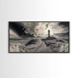 Lighthouse Path, Stormy Beach, Moody Coastline, Wall Decor, Framed Canvas Print, Coastal Wall Art, Rustic Bathroom, Nautical Style Print