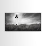 Lighthouse Grass, Seaside Tower, Stormy Sky, Black White, Framed Canvas Print, Beach Bathroom Art, Minimalist Decor, Nautical Print
