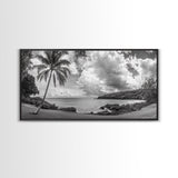 Tropical Coast, Palm Beach, Island View, Cloudy Sky, Framed Canvas Print, Coastal Living Room Art, Beach Wall Decor, Summer Style