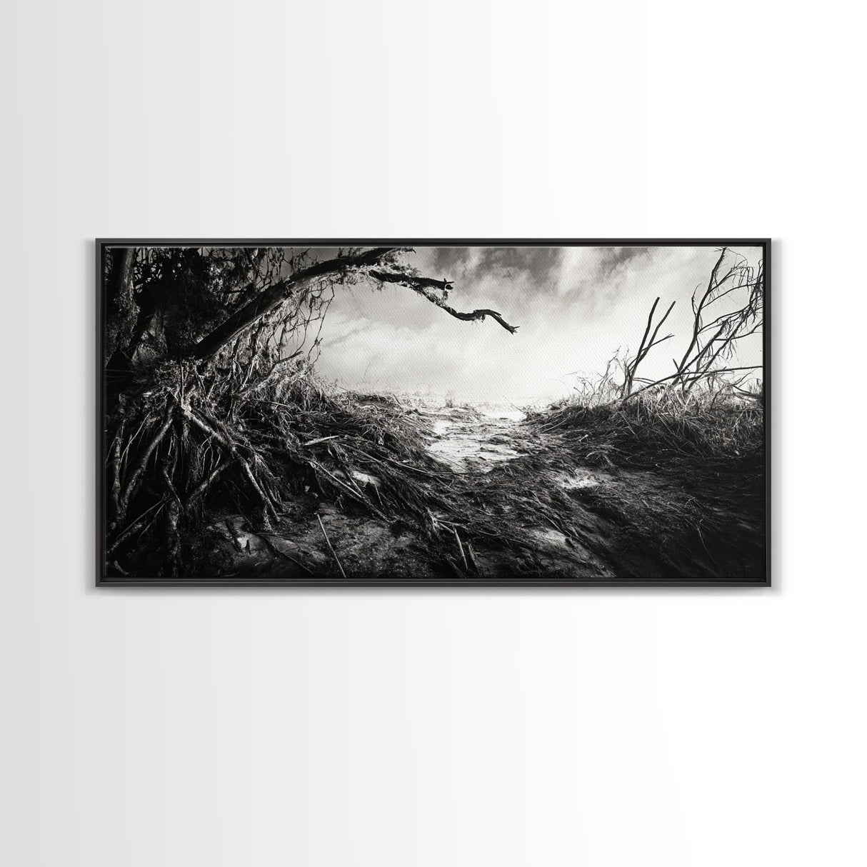 Stormy Shore, Erosion Roots, Driftwood Beach, Nature Drama, Framed Canvas Print, Moody Wall Art, Fall Living Room Decor, Dark Rustic Style