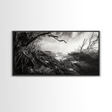 Stormy Shore, Erosion Roots, Driftwood Beach, Nature Drama, Framed Canvas Print, Moody Wall Art, Fall Living Room Decor, Dark Rustic Style