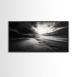 Stormy Coast, Dramatic Sky, Ocean Dusk, Monochrome Landscape, Framed Canvas Print, Bedroom Wall Art, Minimalist Coastal Decor