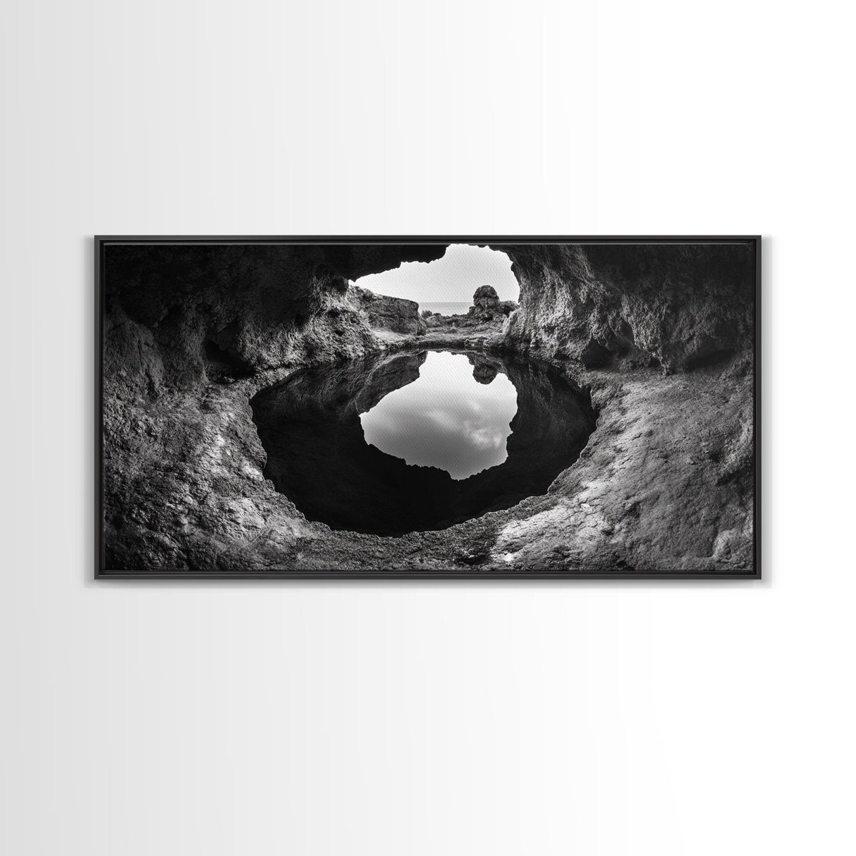Sea Cave, Rocky Texture, Coastal Reflection, Natural Formations, Framed Canvas Print, Bathroom Art, Earthy Wall Decor, Zen Style