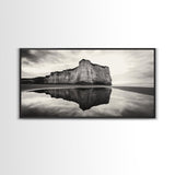 Cliff Reflection, Coastal Monolith, Seashore Beauty, Sunset Vibes, Framed Canvas Print, Living Room Art, Minimalist Beach Scene