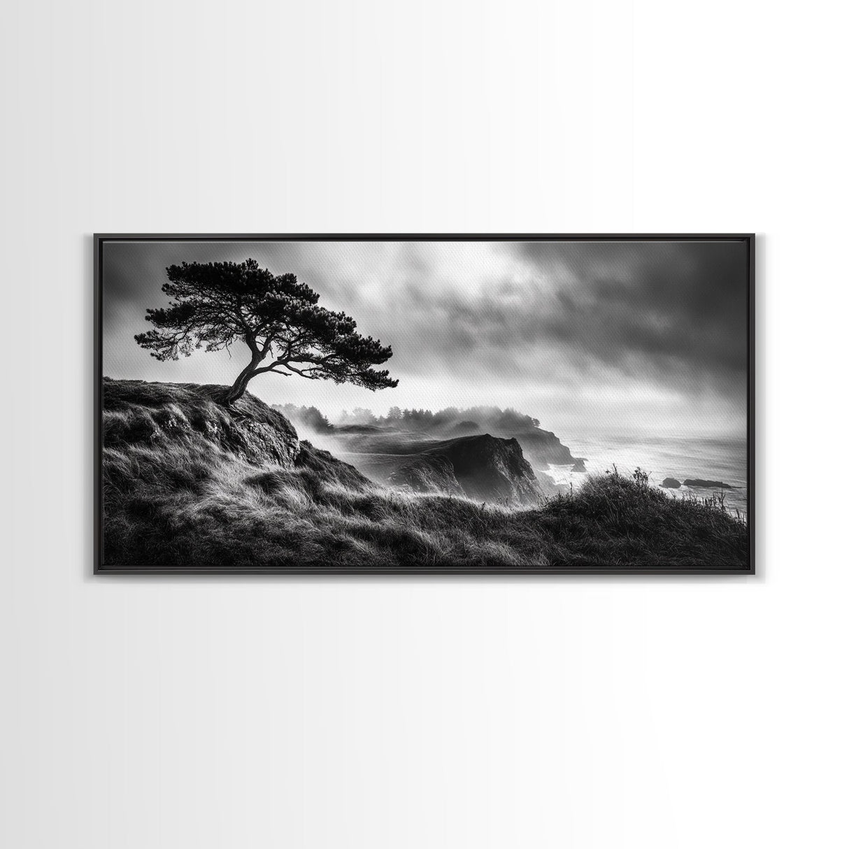 Lone Tree, Foggy Cliffs, Dramatic Landscape, Moody Sky, Framed Canvas Print, Nature Wall Art, Cabin Decor, Autumn Coastal Vibes