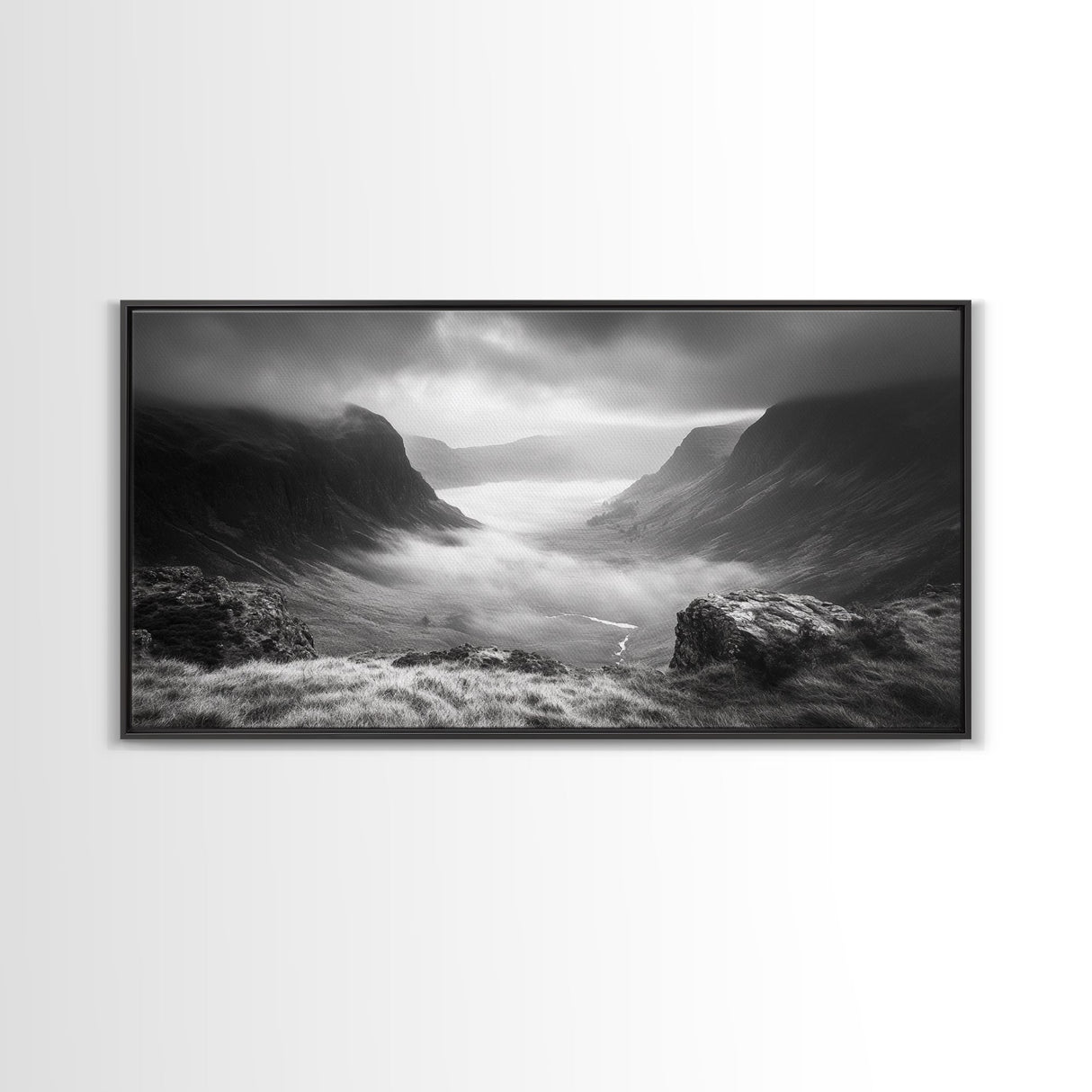 Foggy Valley, Highland Mist, Mountain View, Serene Landscape, Framed Canvas Print, Office Wall Art, Nature Escape, Zen Mountains