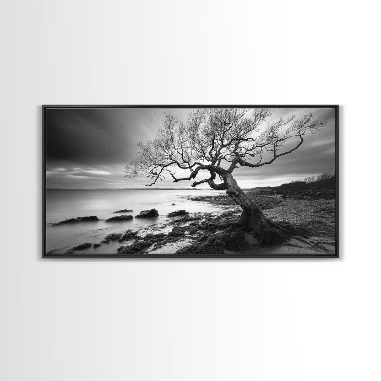 Coastal Tree, Tidal Shore, Windswept Beauty, Natural Balance, Framed Canvas Print, Bedroom Wall Art, Boho Decor, Serene Seascape
