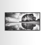 Beach Reflection, Seaside Rock, Cloudy Horizon, Coastal View, Framed Canvas Print, Minimalist Wall Art, Bathroom Ocean Decor