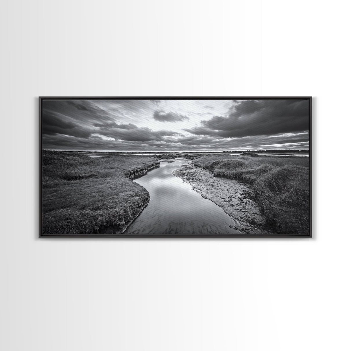 Marshland Serenity, River Flow, Cloudy Mood, Nature Calm, Framed Canvas Print, Coastal Wall Art, Bathroom Tranquil Landscape