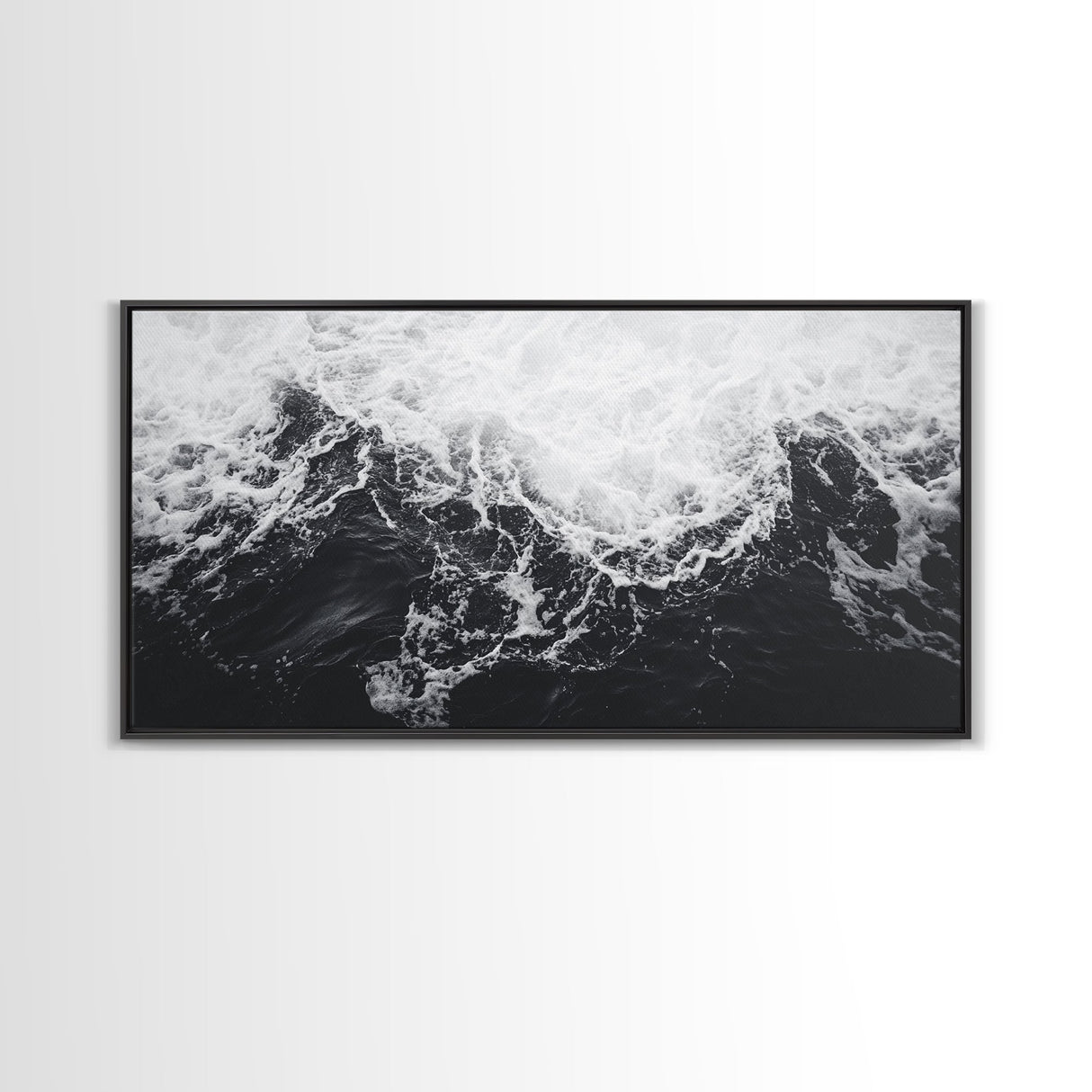 Ocean Texture, Crashing Waves, Abstract Sea, Monochrome Motion, Framed Canvas Print, Coastal Wall Art, Bathroom Minimalist Decor