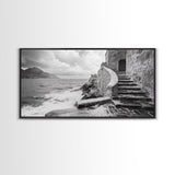 Stone Stairway, Ocean Cliff, Coastal Architecture, Mediterranean Charm, Framed Canvas Print, Rustic Wall Art, Entryway Travel Decor