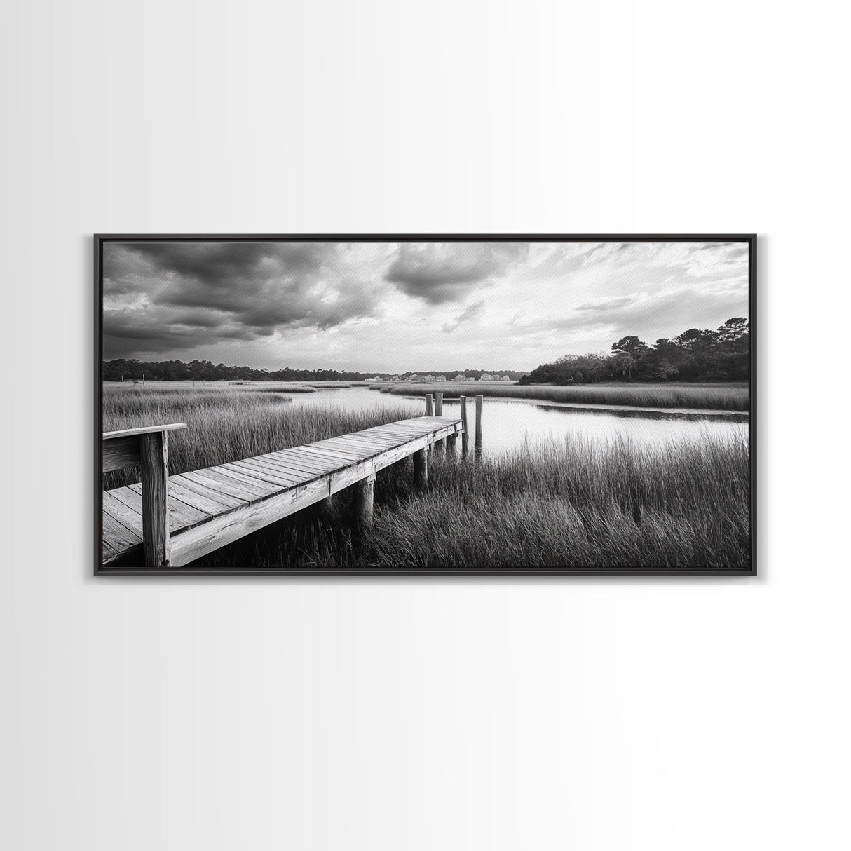 Marsh Dock Scene, Tranquil Water Landscape, Rustic Pier Canvas Print, Black and White Nature, Entryway Art, Coastal Country Home Decor