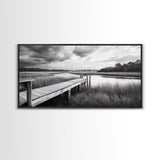 Marsh Dock Scene, Tranquil Water Landscape, Rustic Pier Canvas Print, Black and White Nature, Entryway Art, Coastal Country Home Decor