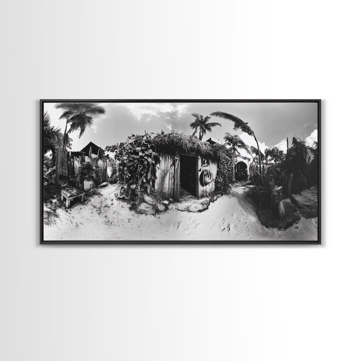 Tropical Beach Shack, Rustic Coastal Decor, Island Vibes, Palm Tree Jungle, Framed Canvas Print, Boho Living Room Wall Art