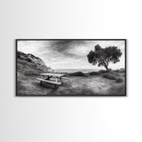 Picnic Table View, Coastal Meadow Scene, Tree and Cliff Horizon, Framed Canvas Print, Relaxing Kitchen or Outdoor Patio Wall Art