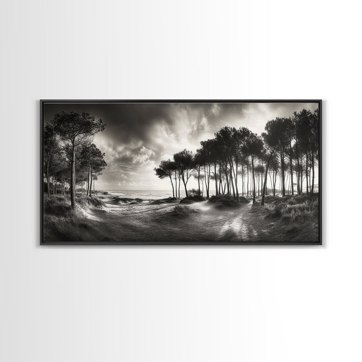 Tree Silhouettes, Coastal Pines Sunset, Nature Path Scene, Framed Canvas Print, Autumn Living Room or Rustic Cabin Wall Decor