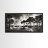 Tree Silhouettes, Coastal Pines Sunset, Nature Path Scene, Framed Canvas Print, Autumn Living Room or Rustic Cabin Wall Decor