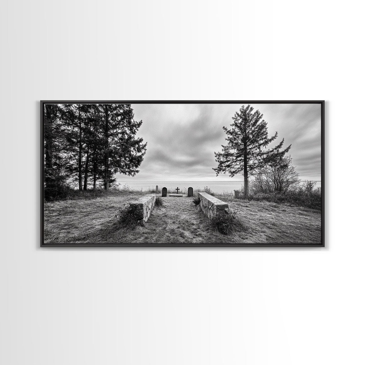 Coastal Graveyard, Moody Seascape, Quiet Reflection Scene, Framed Canvas Print, Gothic Office or Haunted Fall Wall Art Decor, Hallway Wall Art