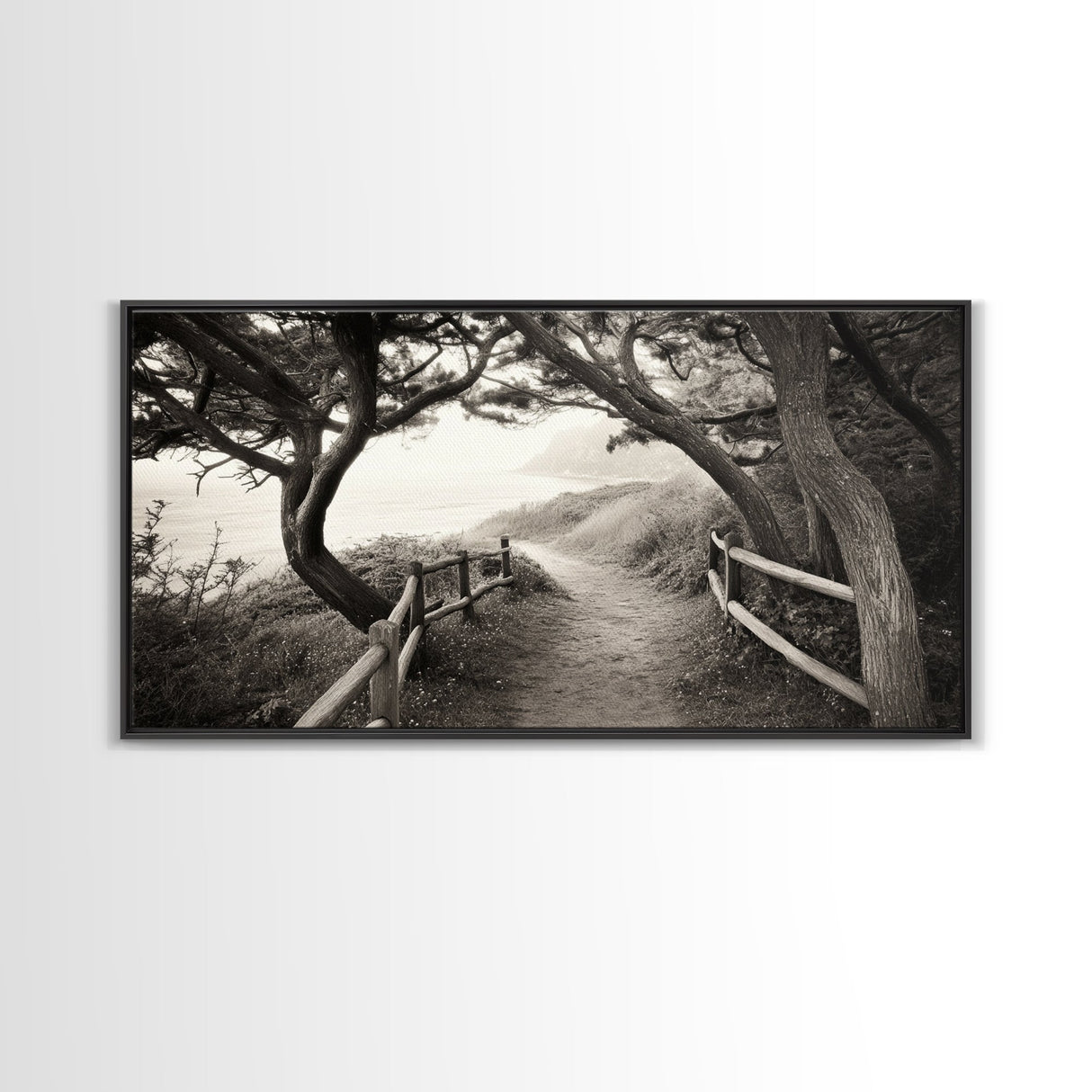 Ocean Cliff Path, Framed Trail Trees, Coastal Escape Scene, Framed Canvas Print, Boho Bedroom or Peaceful Hallway Wall Art, Entryway Accent