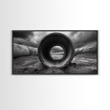 Storm Drain Pipe, Industrial Perspective, Moody Cloudscape, Framed Canvas Print, Urban Loft Decor or Dramatic Modern Wall Art