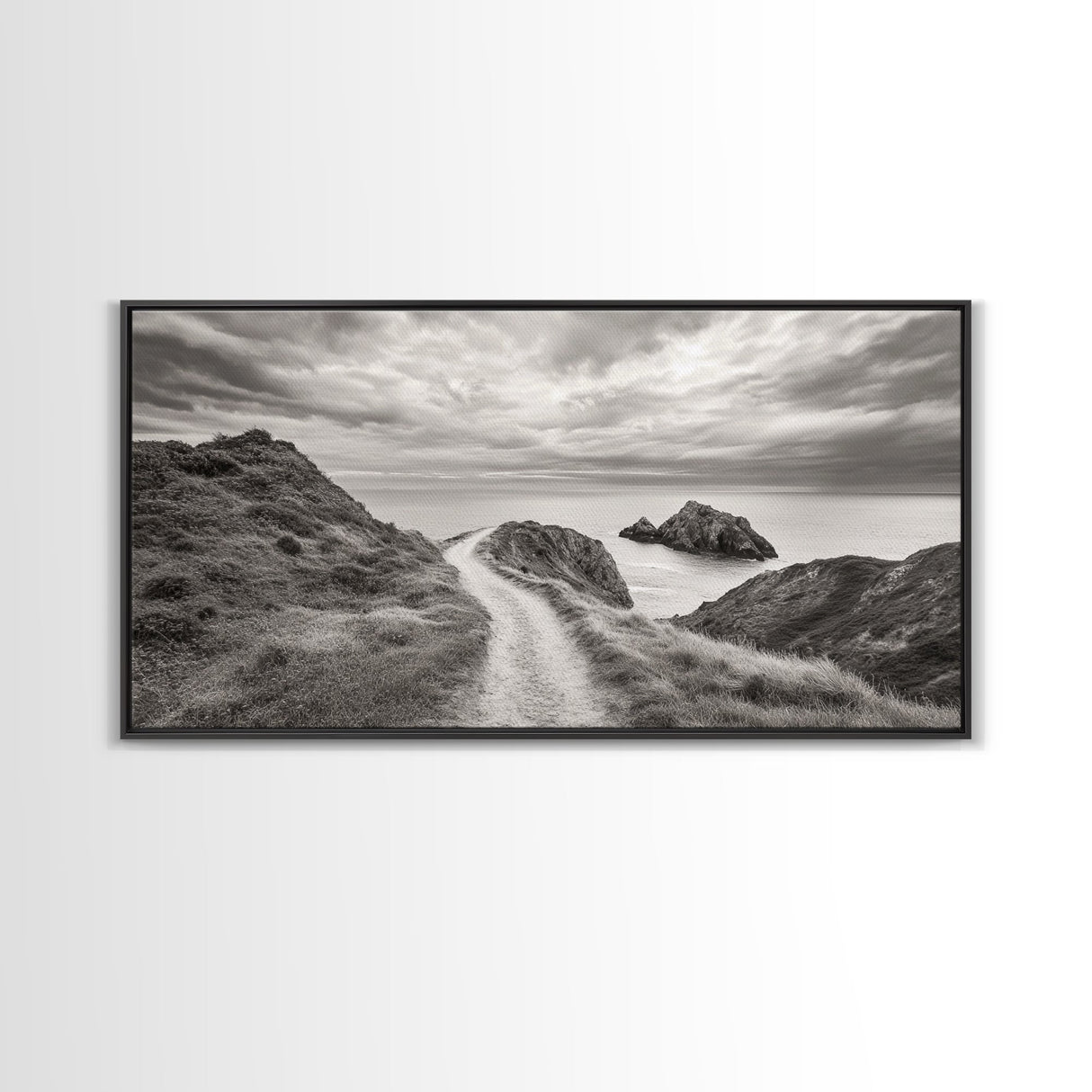 Coastal Cliff Path, Ocean View Trail, Windswept Grass Art, Seaside Wall Decor, Framed Canvas Print, Bedroom Art, Nature Lover Gift