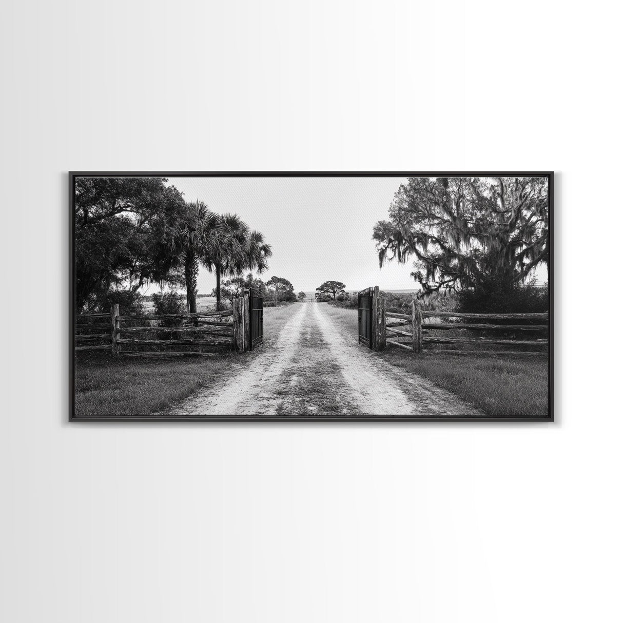 Rustic Gate Trail, Southern Country Road, Tree-Lined Entry, Framed Canvas Print, Farmhouse Style, Entryway or Office Wall Art
