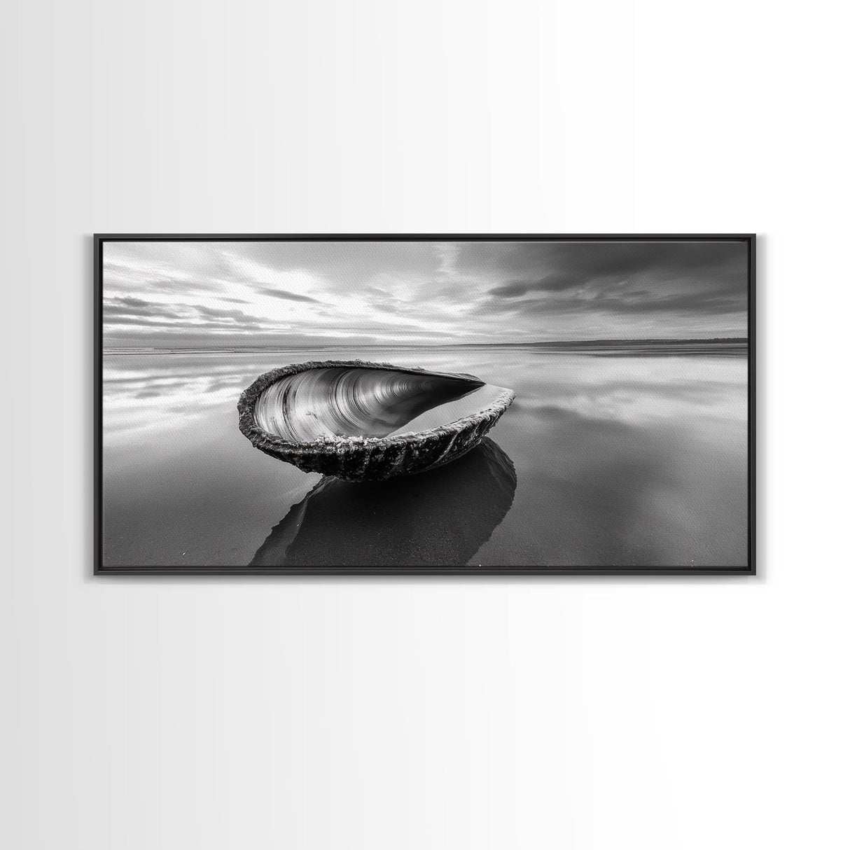 Seashell Shore Still, Ocean Reflection Calm, Beach Shell Close-Up, Framed Canvas Print, Coastal Minimalism, Bathroom Wall Art