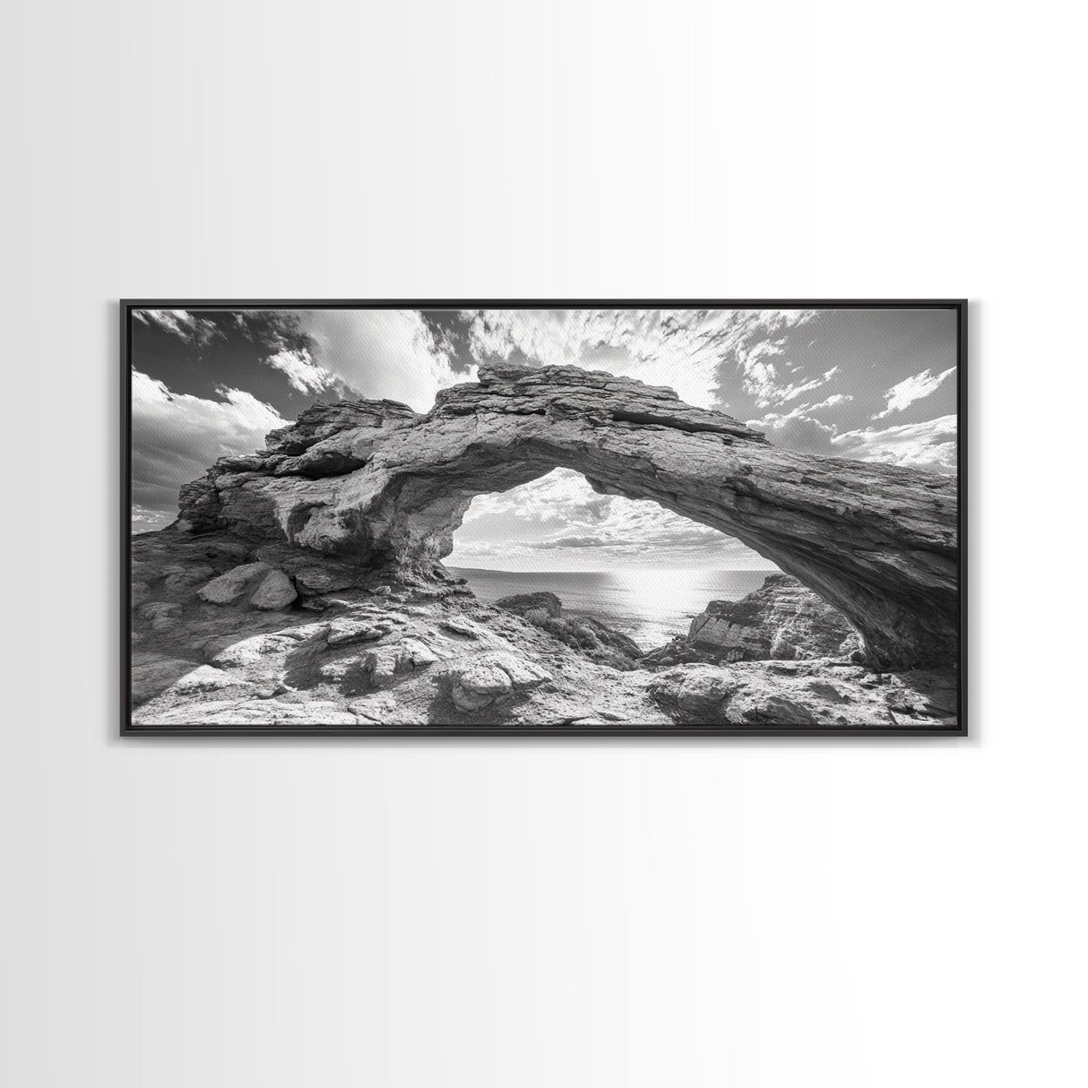 Natural Rock Arch, Seaside Cliff View, Desert Coastal Window, Framed Canvas Print, Boho Earth Tones, Living Room Wall Decor