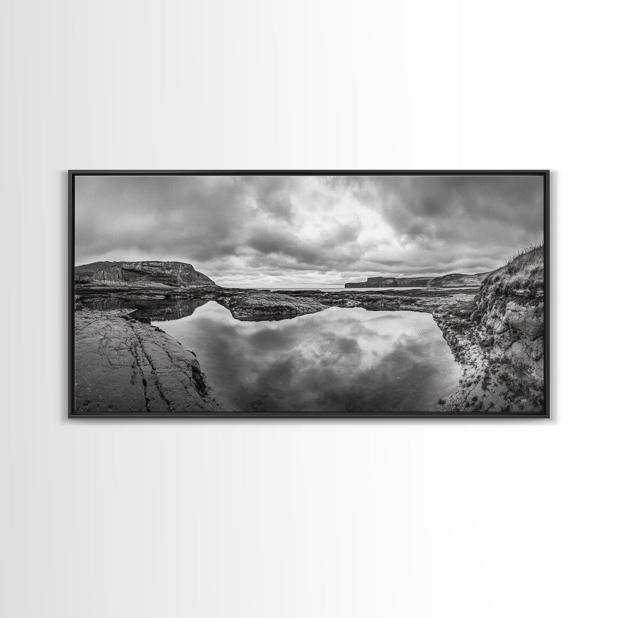 Reflected Cliffs, Stormy Sky, Coastal View, Dramatic Landscape, Canvas Print, minimalist art, office decor, moody black and white wall art
