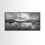 Reflected Cliffs, Stormy Sky, Coastal View, Dramatic Landscape, Canvas Print, minimalist art, office decor, moody black and white wall art