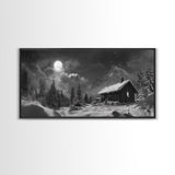 Snowy Cabin, Winter Night, Starry Sky, Cozy Mountain Scene, Framed Canvas Print, rustic lodge decor, Christmas art, bedroom wall print