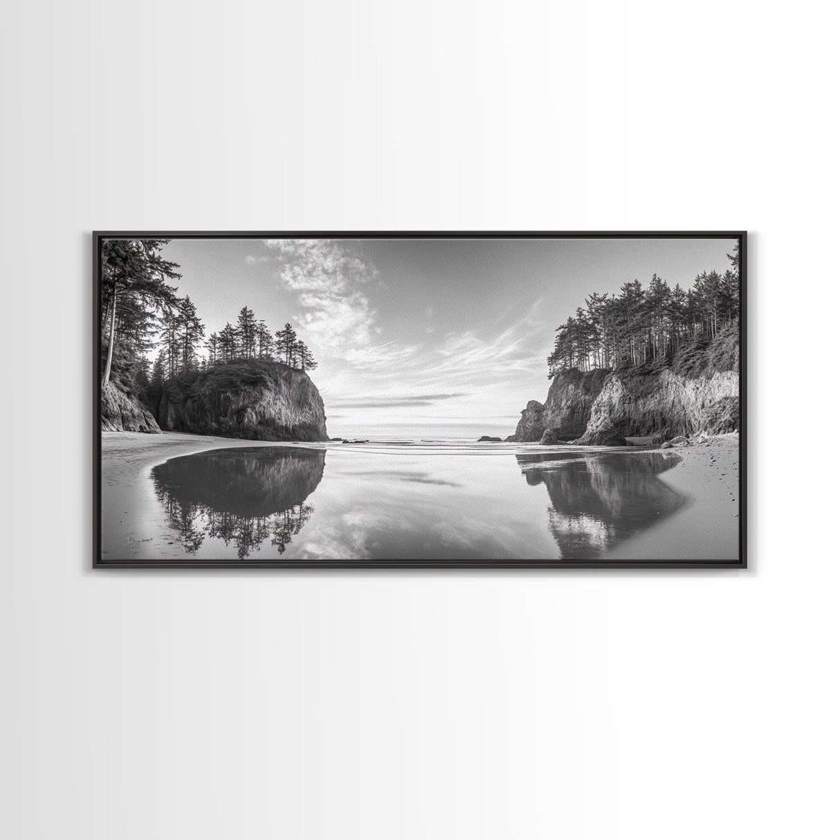 Sea Stacks, Calm Waters, Coastal Trees, Tranquil Morning, Framed Canvas Print, coastal wall art, nature inspired, entryway decor