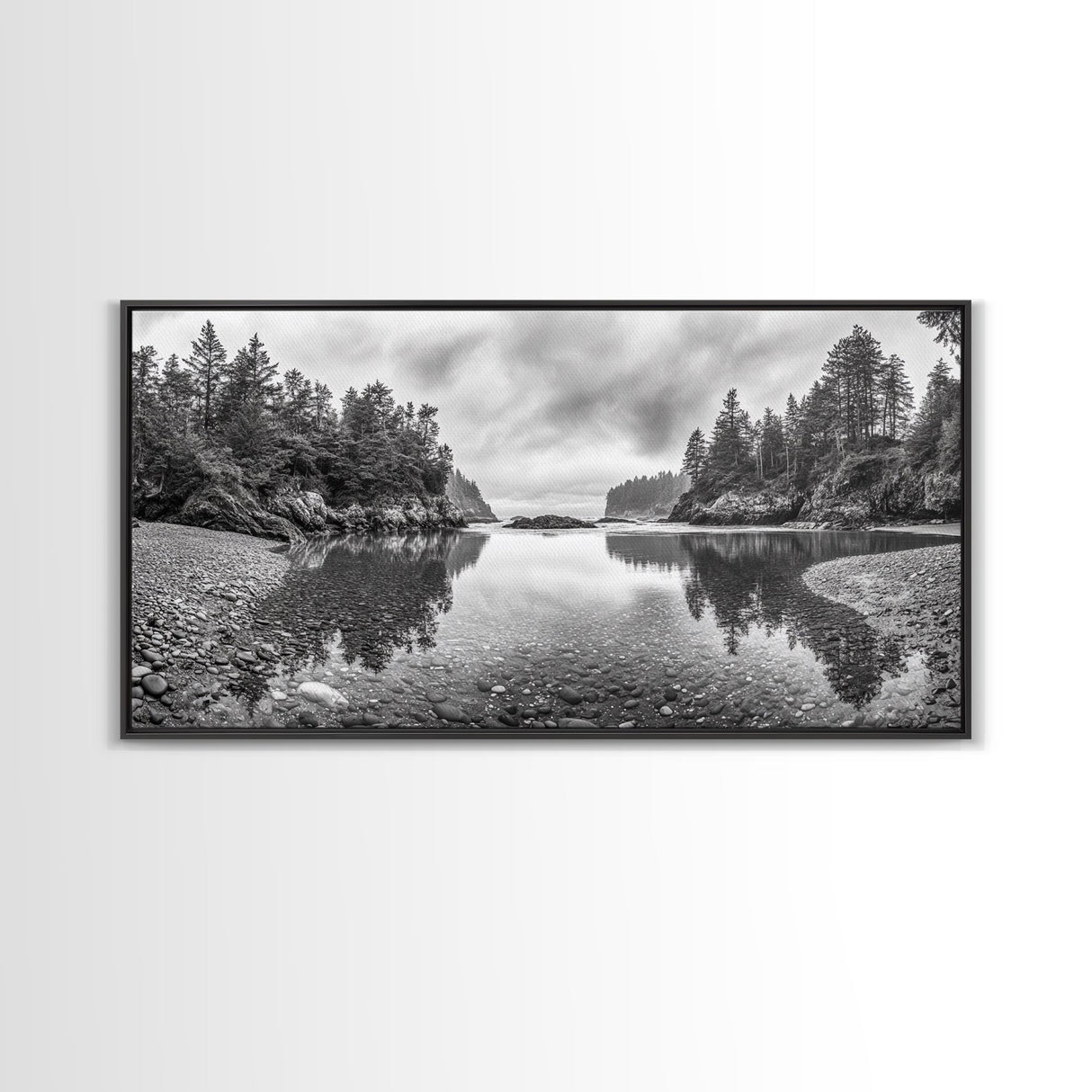 Forest Shoreline, Pebble Beach, Misty Inlet, Calm Waters, Canvas Print, natural modern art, neutral palette, living room wall decor